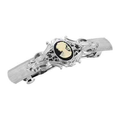 1928 Jewelry Black And Ivory Cameo Oval Bar 3.25 Inch Hair Barrette Clip For Women, (1 Pcs)