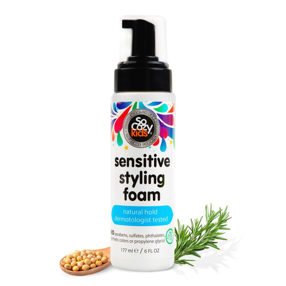 SoCozy Kids Sensitive Styling Foam - Sensitive Foam For Kids w/Straight or Curly Hair - Gentle Natural Hold Styler, Rosemary (6 fl oz)