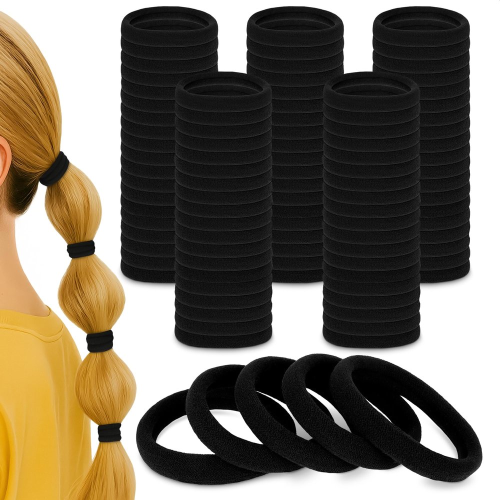 100 Pcs Soft Black Hair Ties Bulk  1.9" Seamless Cotton Ponytail Holders, Small Black Elastic Hair Ties No Damage, Breathable & Gentle to Wear  Elasticity & Strength, Reliable & Strong Hold