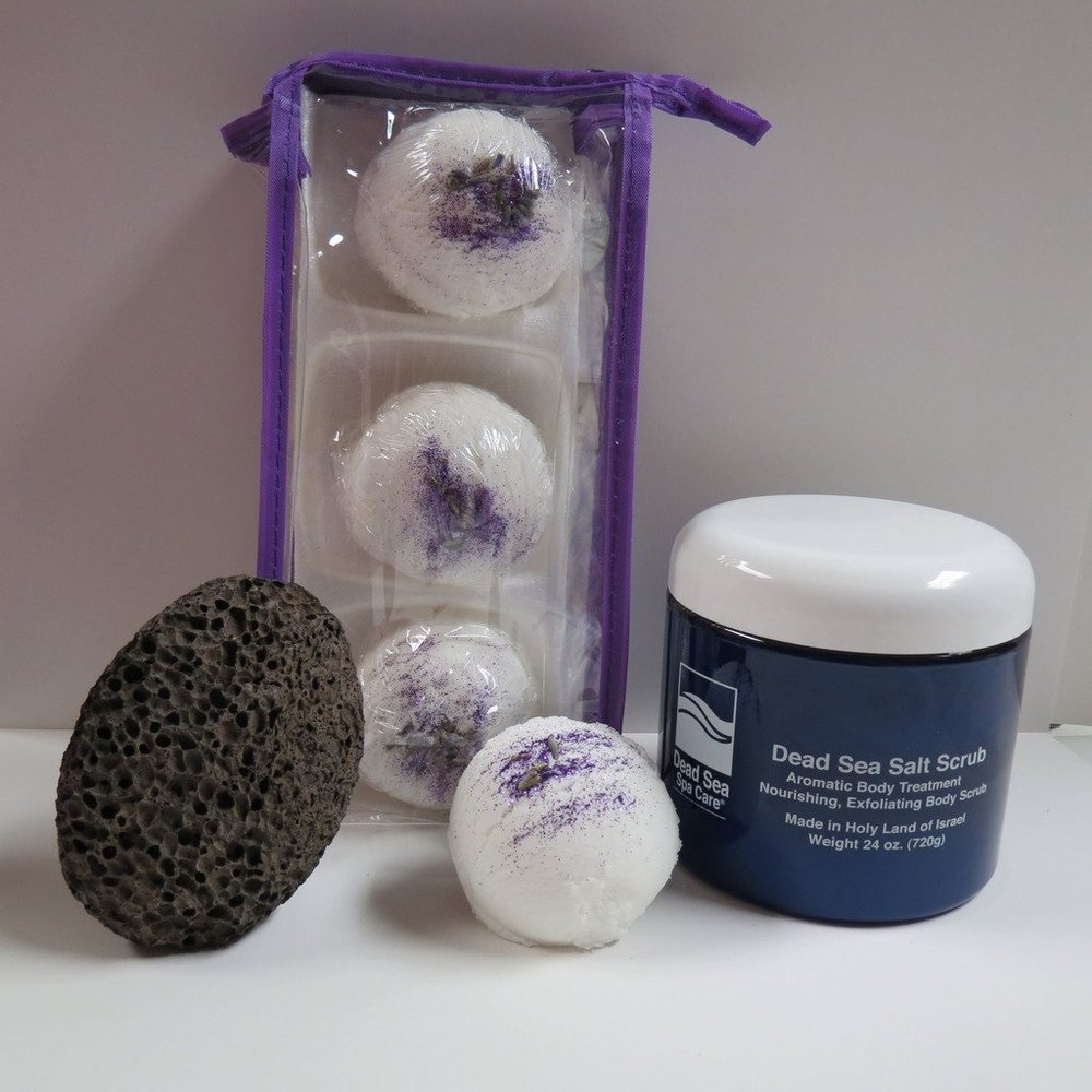 Bath Bomb Products - Bubble Bath Truffles: Lavender Pomegranates 3 Pack Bath Truffles, 24 oz Pomegranate Dry Salt Scrub, Pumice Stone by Dead Sea Spa Care, Bubble Bath, Bubble Truffles, Bath Truffle