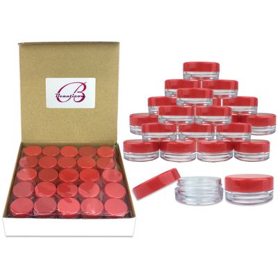 (100 Pieces Jars + Lid) Beauticom 3G/3ML Round Clear Jars with RED Screw Cap Lids for Scrubs, Oils, Toner, Salves, Creams, Lotions, Makeup Samples, Lip Balms - BPA Free
