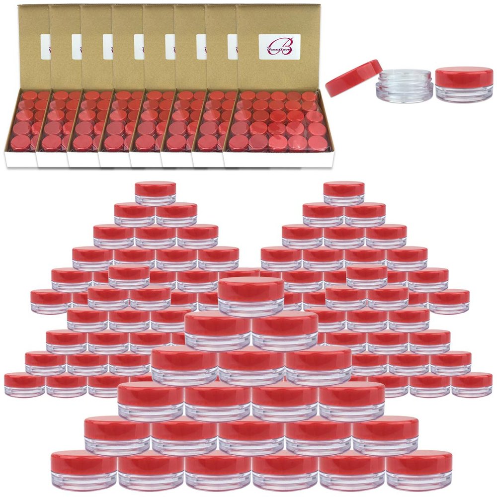 (1000 Pieces Jars + Lid) Beauticom 3G/3ML Round Clear Jars with RED Screw Cap Lids for Scrubs, Oils, Toner, Salves, Creams, Lotions, Makeup Samples, Lip Balms - BPA Free
