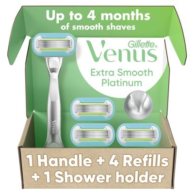 Gillette Venus Platinum Extra Smooth Metal Handle Women's Razor Handle + 4 Blade Refills, Pivoting Head and Ribbon of Moisture