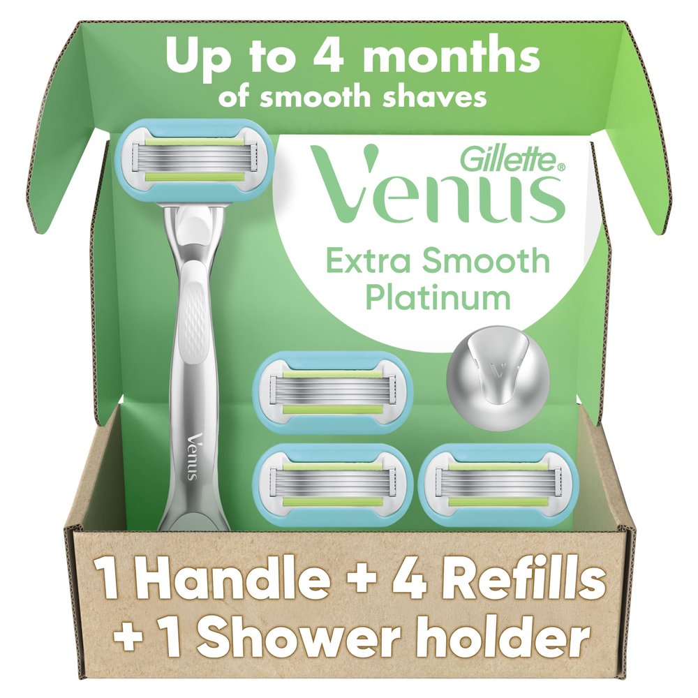Gillette Venus Platinum Extra Smooth Metal Handle Women's Razor Handle + 4 Blade Refills, Pivoting Head and Ribbon of Moisture