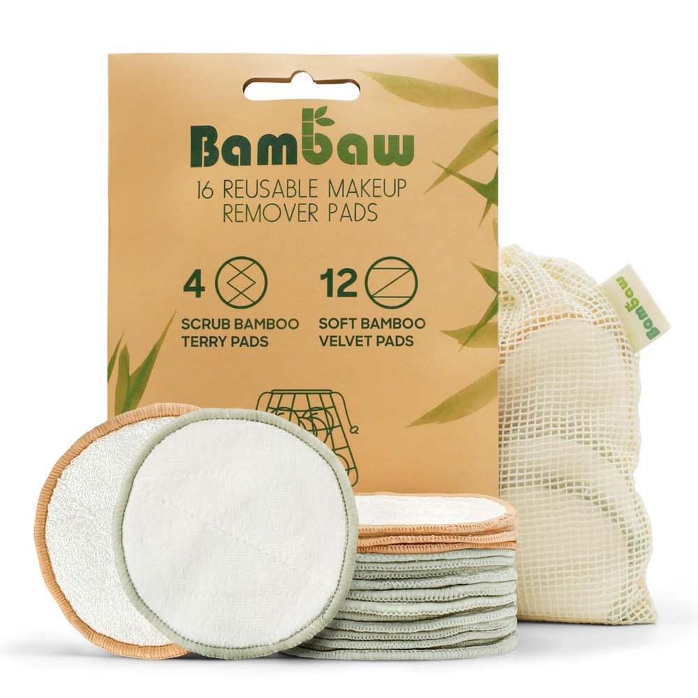 Bambaw Reusable Cotton Rounds for Face, 16 Rounds with 1 Bag for Laundry & Storage, Reusable Cotton Pads for Face, Soft & Exfoliating Eye Makeup Remover Pads