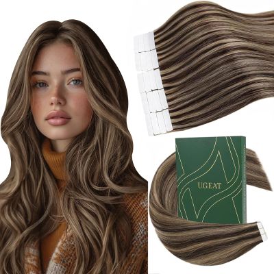 Ugeat Tape in Hair Extensions Human Hair Highlight Tape in Extensions Dark Brown Mix Caramel Blonde Highlights Hair Extension Tapes in for Women 14 Inch 20Pcs 40G