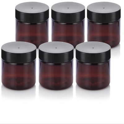 3 oz Amber PET Plastic Refillable Jar with Black Smooth Lid (6 pack)