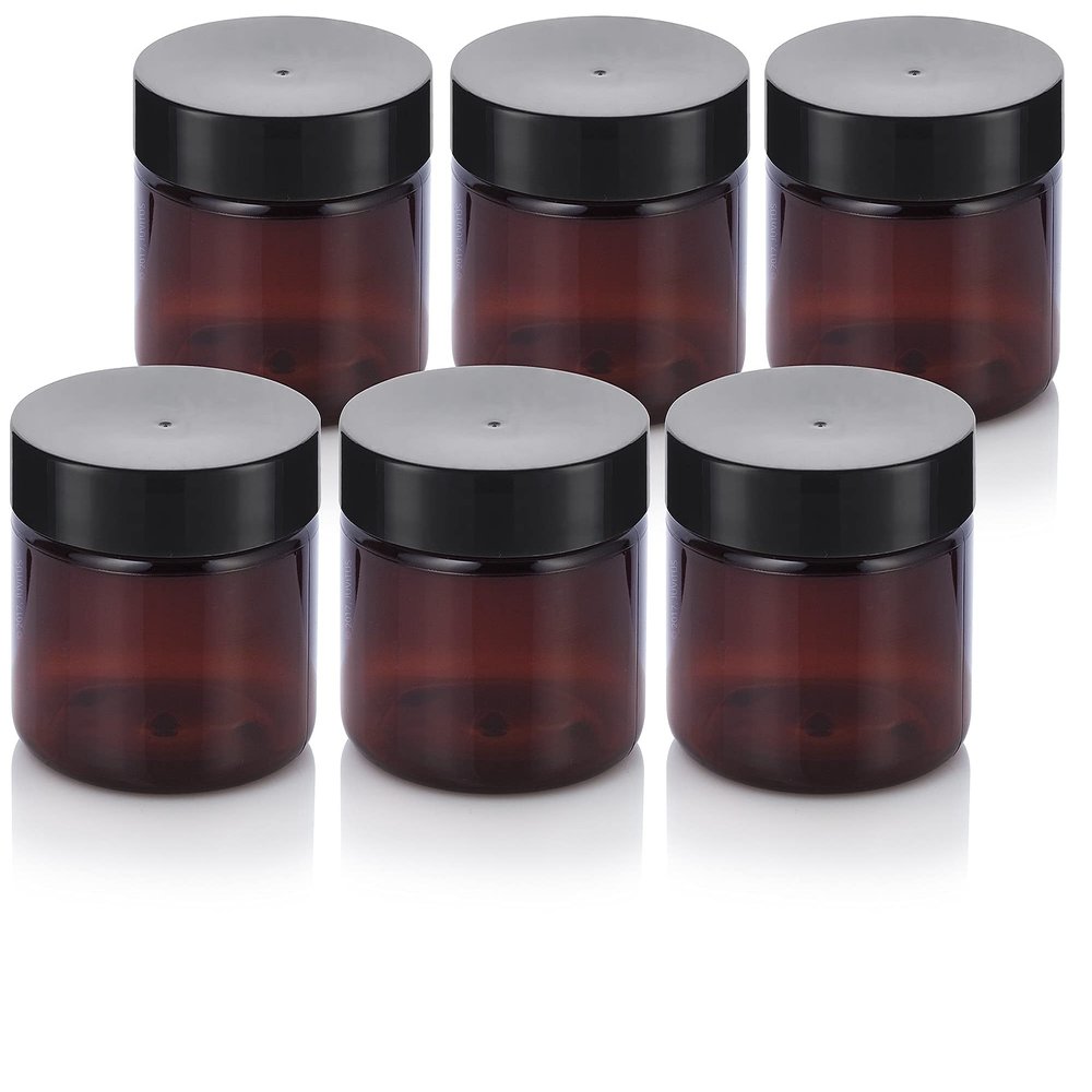 3 oz Amber PET Plastic Refillable Jar with Black Smooth Lid (6 pack)