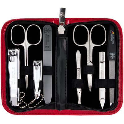 3 Swords Germany - brand quality 8 piece manicure pedicure grooming kit set synthetic leather case red - Made in Germany