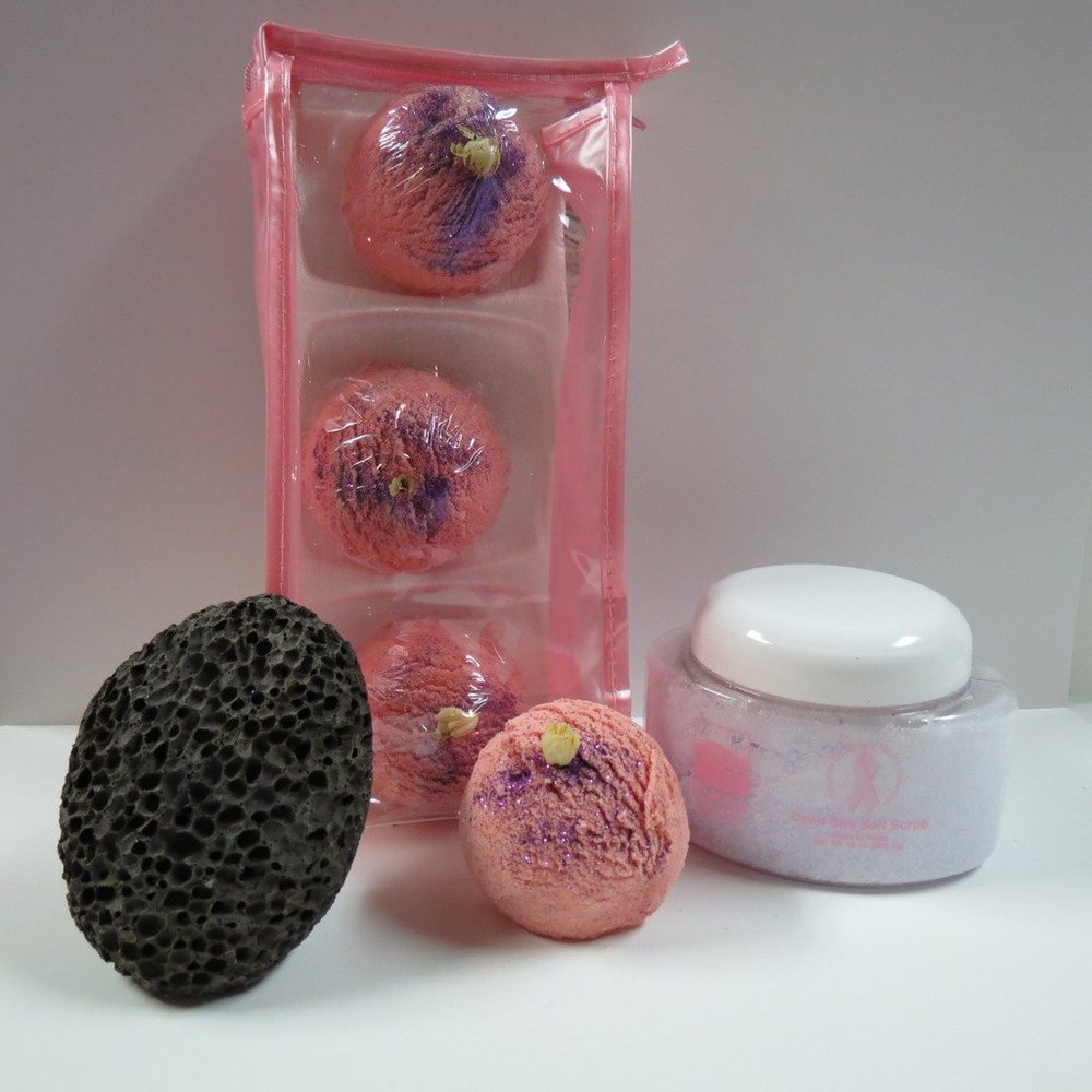 Bath Bomb Products - Bubble Bath Truffles: Raspberry Boom 3 Pack Bath Truffles, 10 oz Raspberry Salt Scrub, Pumice Stone by Dead Sea Spa Care, Bubble Bath, Bubble Truffles, Bath Truffle
