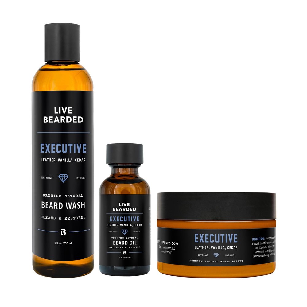 Live Bearded 3-Step Beard Grooming Kit - Wash, Oil and Butter - Made in the USA - All-Natural Ingredients with Shea, Jojoba - Growth Support | Executive Scent - Cedar, Vanilla