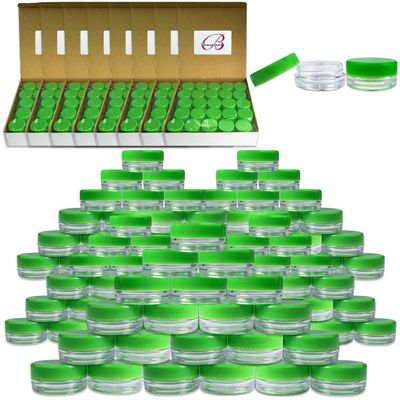 (1000 Pieces Jars + Lid) Beauticom 3G/3ML Round Clear Jars with GREEN Screw Cap Lids for Scrubs, Oils, Toner, Salves, Creams, Lotions, Makeup Samples, Lip Balms - BPA Free