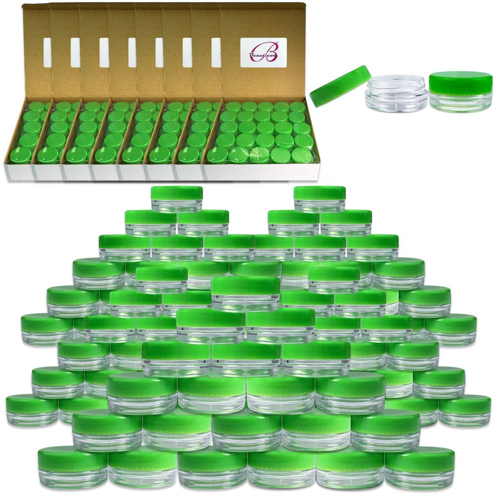 (1000 Pieces Jars + Lid) Beauticom 3G/3ML Round Clear Jars with GREEN Screw Cap Lids for Scrubs, Oils, Toner, Salves, Creams, Lotions, Makeup Samples, Lip Balms - BPA Free