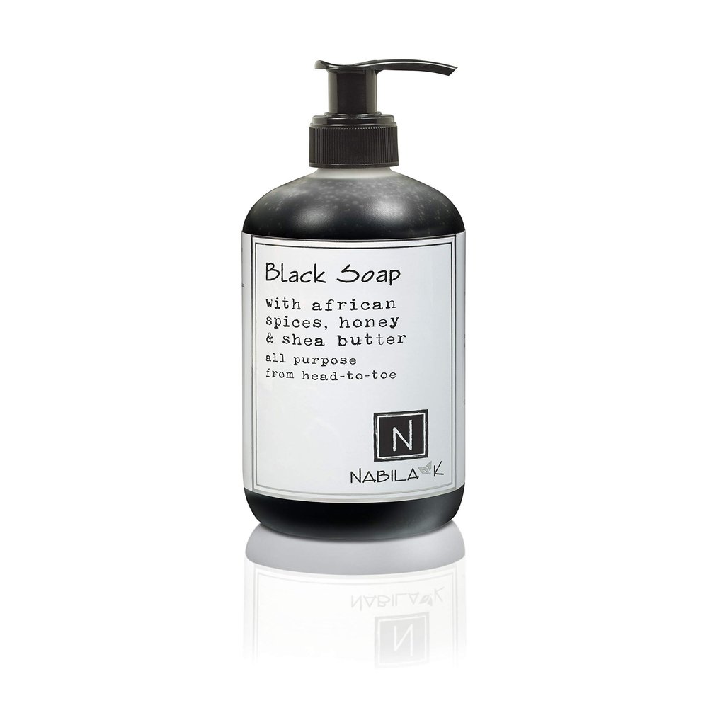 Nabila K Black Soap with African Spices, Honey & Shea Butter - All Purpose Whole Body Liquid Soap with Naturally Derived Ingredients - Combination Hand Soap, Shower Gel, Shampoo, Shaving Cream - 12 oz