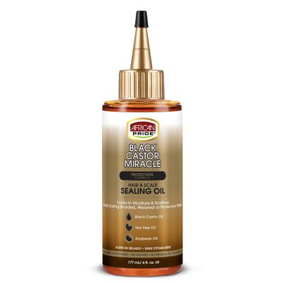 African Pride Black Castor Miracle Hair & Scalp Sealing Oil  Hair Oil with Black Castor, Tea Tree & Soybean Oil for Moisture Lock, Scalp Relief & Growth Support | 6oz