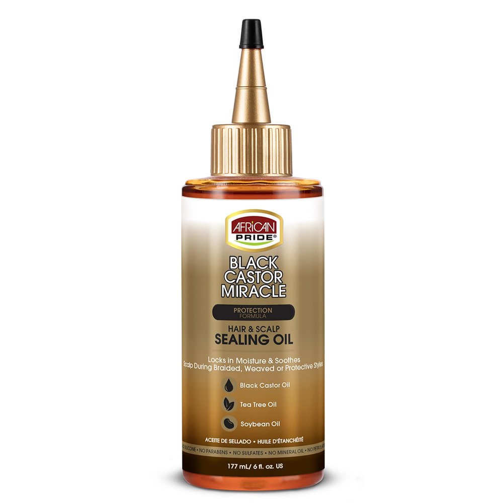 African Pride Black Castor Miracle Hair & Scalp Sealing Oil  Hair Oil with Black Castor, Tea Tree & Soybean Oil for Moisture Lock, Scalp Relief & Growth Support | 6oz