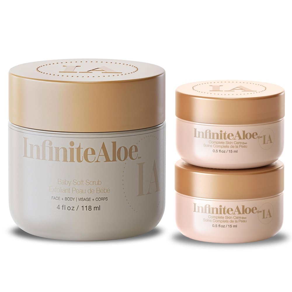 InfiniteAloe Baby Soft Scrub, Aloe Vera Powered Face and Body Scrub  Exfoliating and Moisturizing  4oz. + 2 Travels