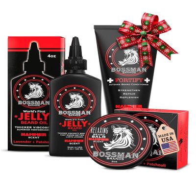 Bossman Essentials Beard Kit for Men, Set of 3 - Beard Oil Jelly, Fortifying Conditioner Cream, Beard Balm - Grooming Growth Care Accessories - Gift Set for Men (Hammer)