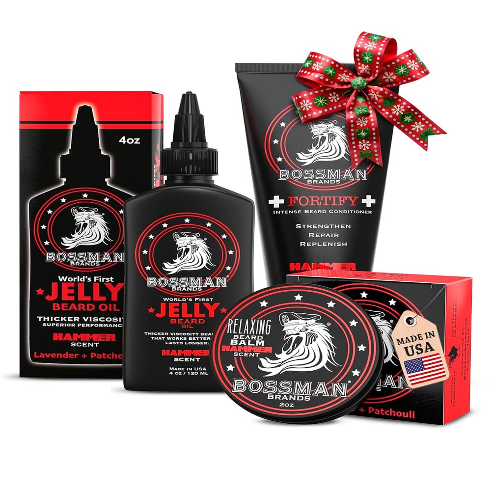 Bossman Essentials Beard Kit for Men, Set of 3 - Beard Oil Jelly, Fortifying Conditioner Cream, Beard Balm - Grooming Growth Care Accessories - Gift Set for Men (Hammer)