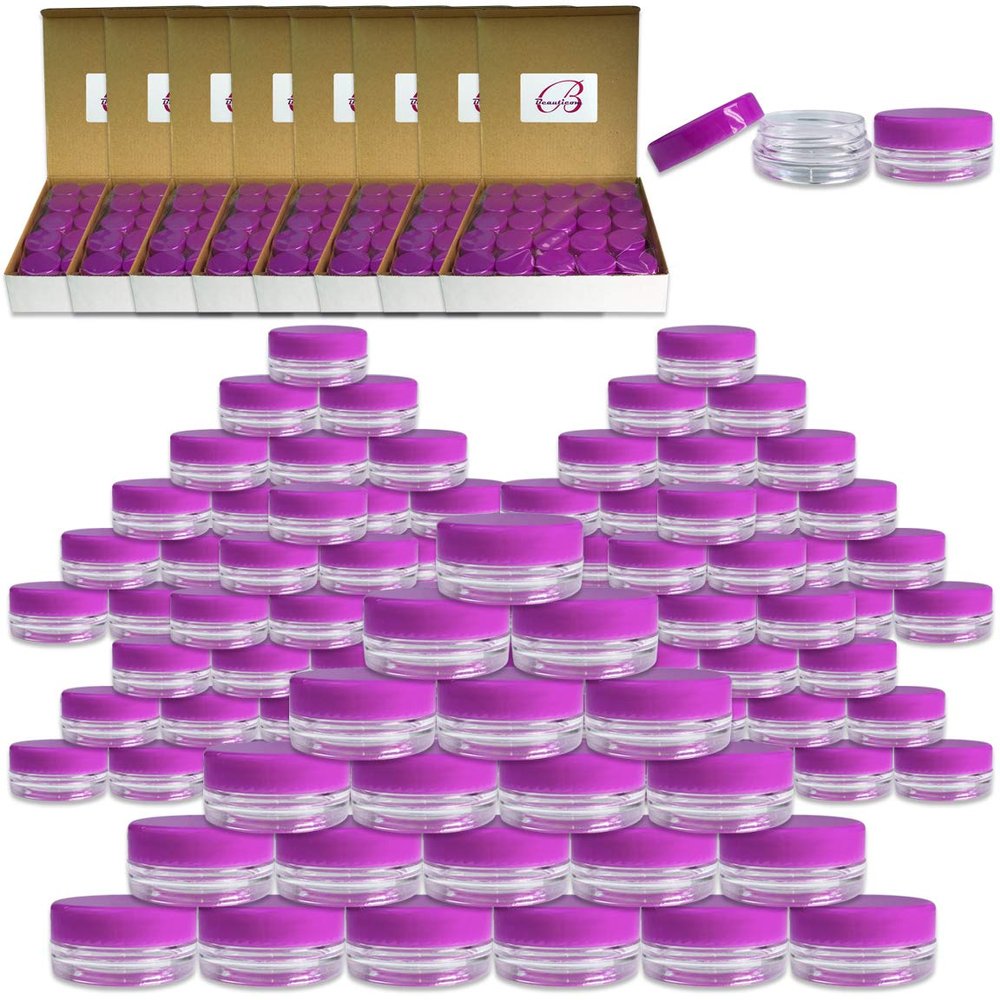 (1000 Pieces Jars + Lid) Beauticom 3G/3ML (0.1 oz) Round Clear Jars with PURPLE Screw Cap Lids for Scrubs, Oils, Toner, Salves, Creams, Lotions, Makeup Samples, Lip Balms - BPA Free