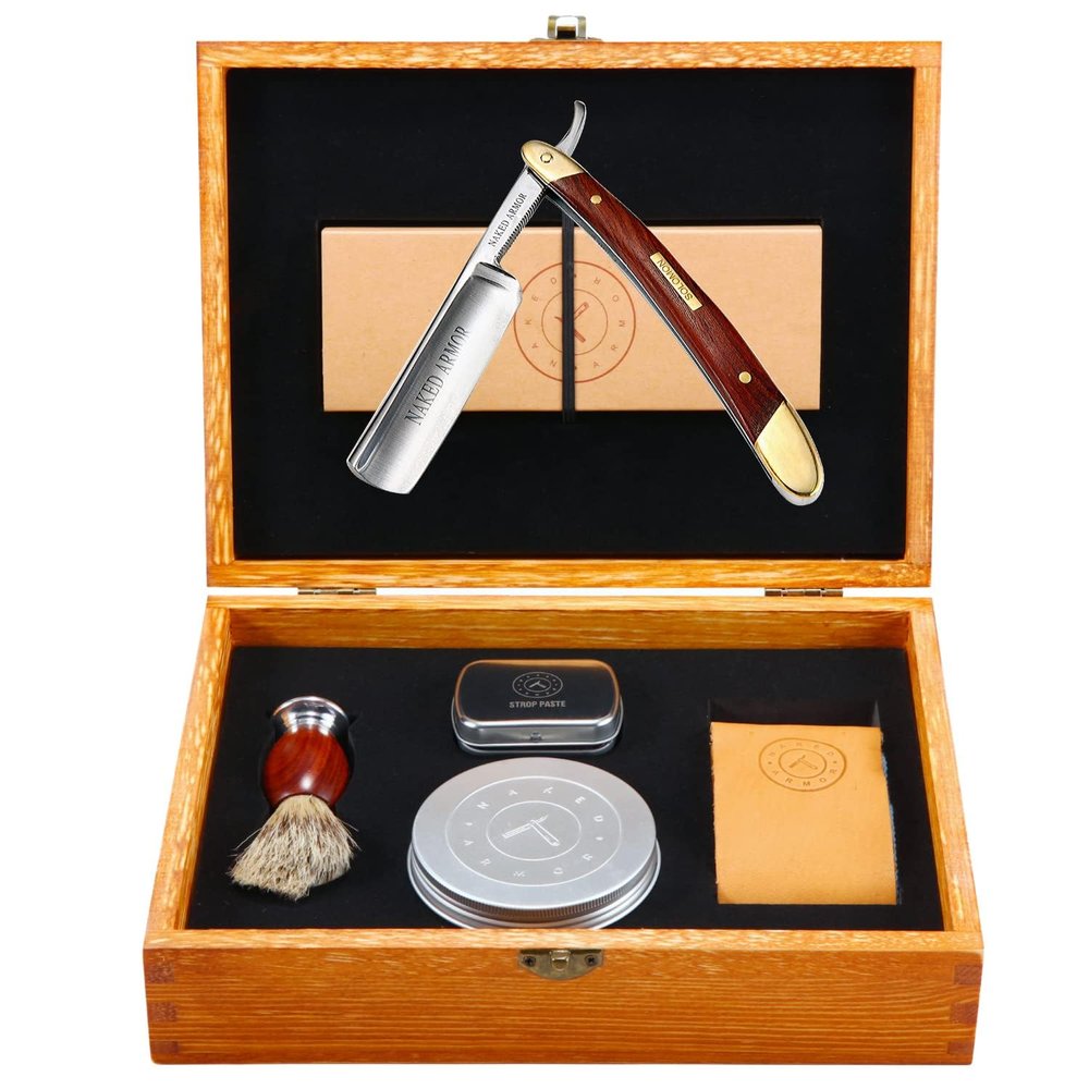 Amazing Naked Armor Straight Razor Kit - Shave-Ready Japanese Steel Blade, Complete Straight Razor Shaving Kit for Men, Straight Razor Beginner Kit, Straight Edge Razor Kit (Brown)