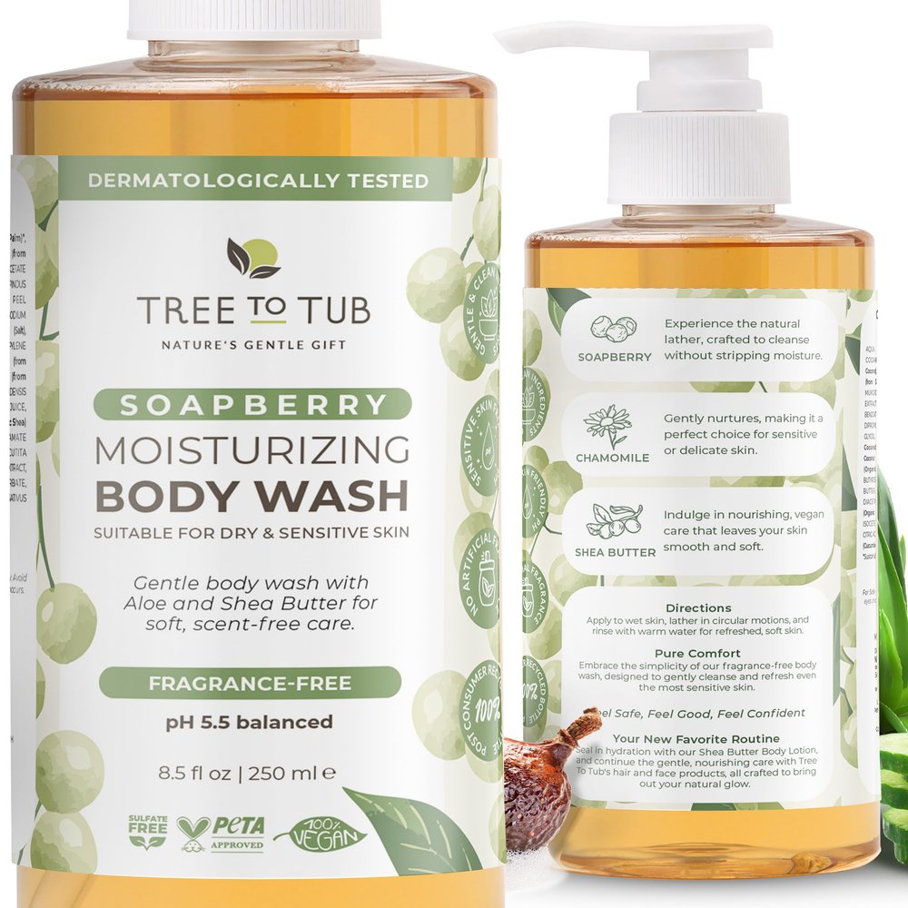 Tree To Tub Unscented Soapberry Body Wash for Dry Sensitive Skin, 8.5 Fl Oz