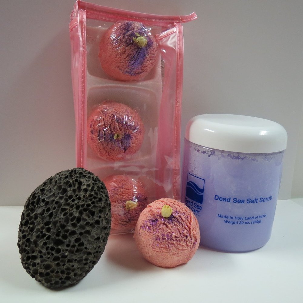 Bath Bomb Products - Bubble Bath Truffles: Raspberry Boom 3 Pack Bath Truffles, 32 oz Raspberry Dry Salt Scrub and Pumice Stone by Dead Sea Spa Care, Bubble Bath, Bubble Truffles, Bath Truffle