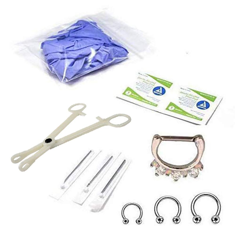 BodyJewelryOnline LionGothic Unisex Septum Piercing Kit, Horseshoe Barbell, Nostril Hoop Ring, Catheter Hollow Needles, Hypoallergenic Supplies, 14G, 16G, Pack Of 12
