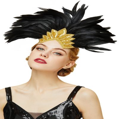 BABEYOND Carnival Feather Headpiece Showgirl Pageant Headband Women's 1920s Flapper Headband (Gold Crystal)