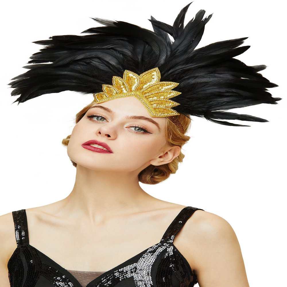 BABEYOND Carnival Feather Headpiece Showgirl Pageant Headband Women's 1920s Flapper Headband (Gold Crystal)