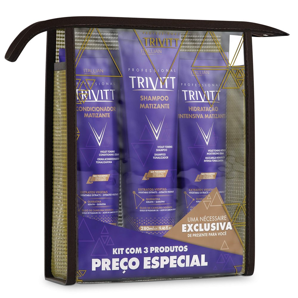 3 Piece Violet Toning Kit for Blonde Hair - Shampoo 280ml, Conditioner Cream 250ml, Intensive Moisturizing Cream 250ml for Advanced Hydration and Repair - Professional Trivitt by Itallian Hairtech
