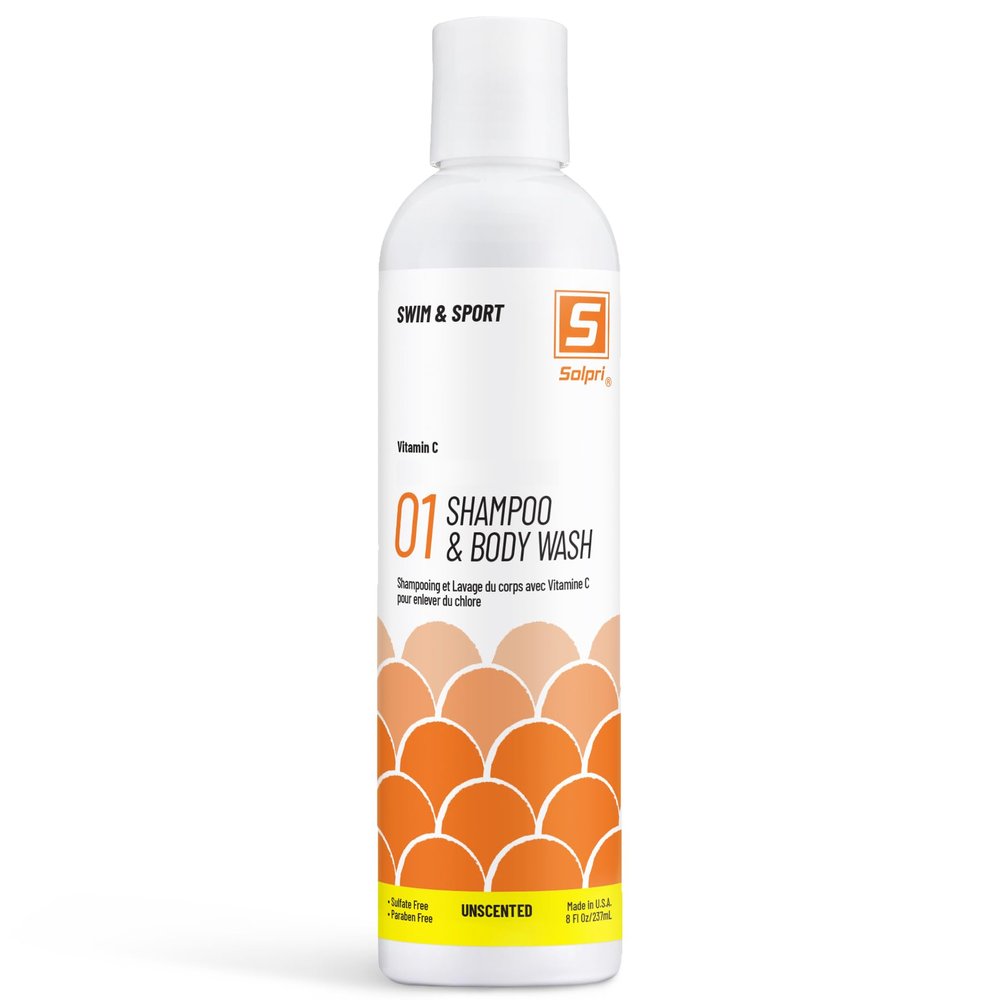 Solpri Swimmers Chlorine Swim Shampoo and Body Wash for Kids & Adults - Unscented with Vitamin C, Sulfate Free 8 Fl Oz