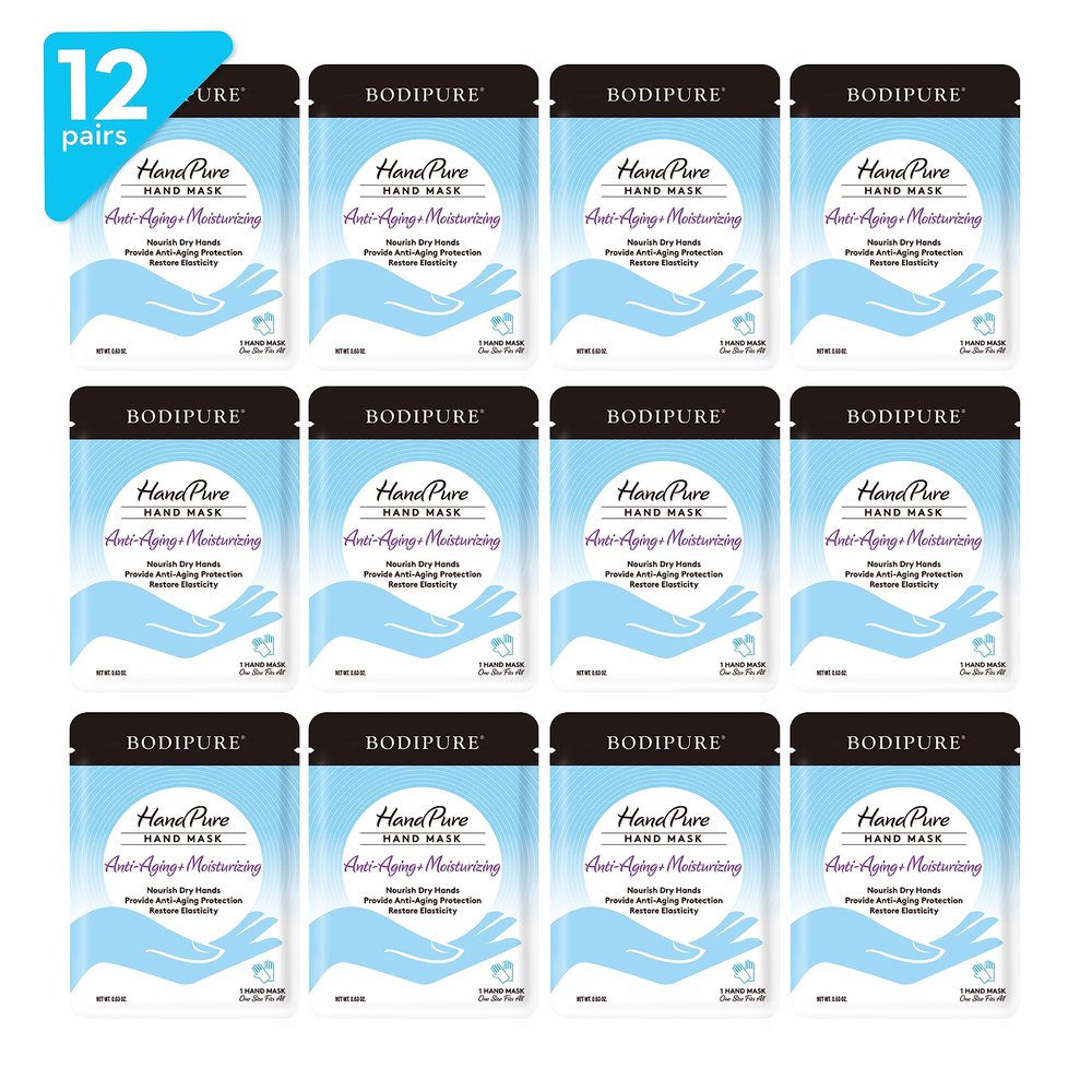 Bodipure HandPure Hand Repair & Anti-Aging Hand Mask 20-Minute Moisturizing Gloves for Dry, Cracked Hands, Softens Cuticles, Paraben-Free, With Natural Botanical Ingredients (12 Packs)
