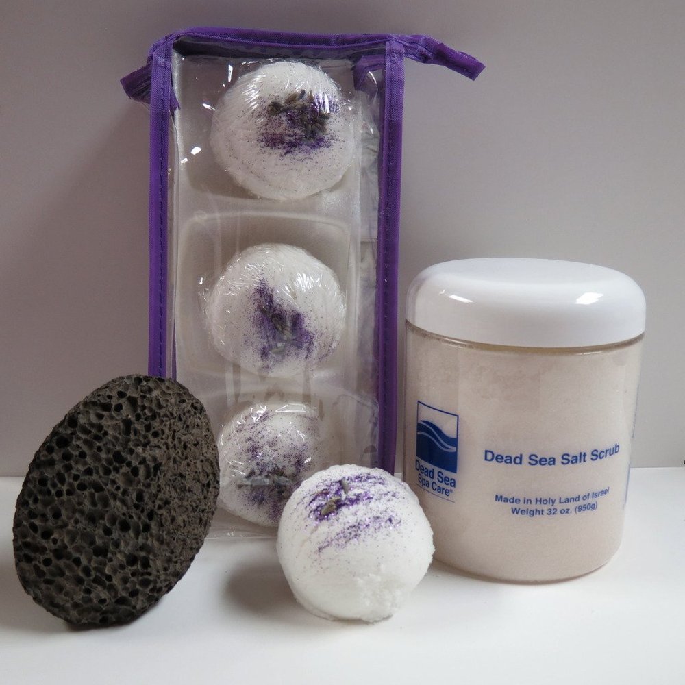 Bath Bomb Products - Bubble Bath Truffles: Lavender Pomegranates 3 Pack Bath Truffles, 32 oz Pomegranate Dry Salt Scrub, Pumice Stone by Dead Sea Spa Care, Bubble Bath, Bubble Truffles, Bath Truffle