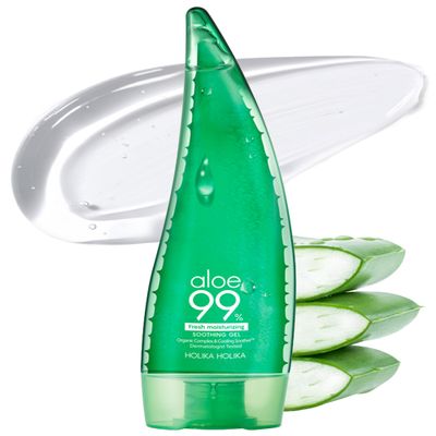 HOLIKA HOLIKA Aloe Fresh Moisture Soothing Gel - Face Body Moisturizer - Fermented Aloe and Cica - Hydrating Cooling Hypoallergenic Korean Skincare for Sensitive Sunburned Skin, 8.45oz