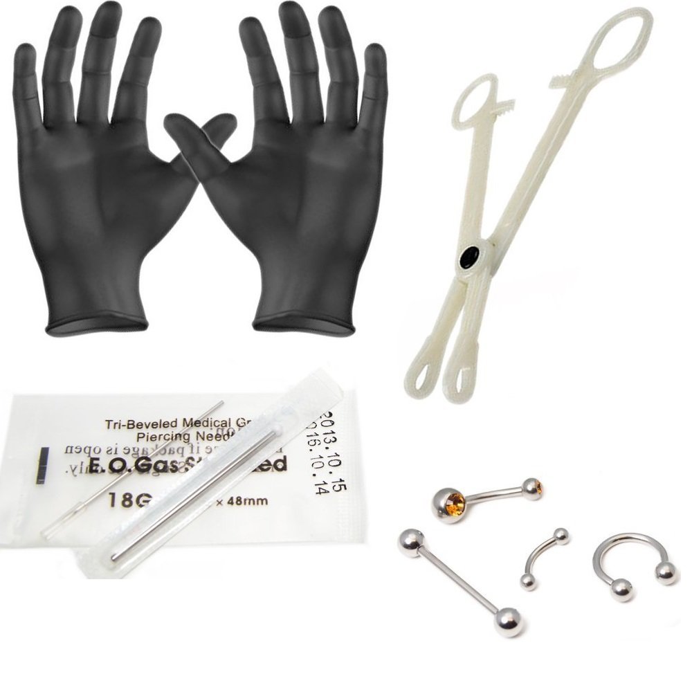 9PCS Body Piercing Kit for All Piercings with 14G Belly Button Ring, 16G Curved Barbell, 16G Circular Barbell, 14G Strength Barbell, 14G 16G Piercing Needles & Body Piercing Clamps Forceps Tool