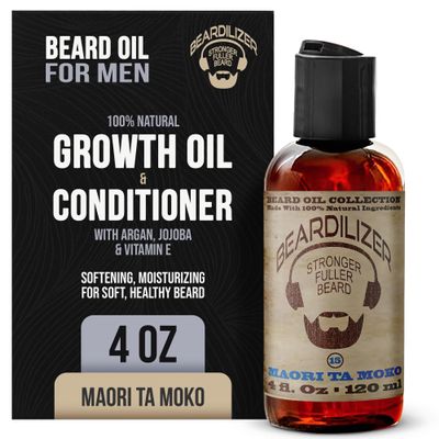 Beardilizer Maori Ta Moko Beard Oil for Men  100% Natural Growth Oil & Conditioner with Argan, Jojoba & Vitamin E  Softening, Moisturizing for Soft, Healthy Beard  4 Oz