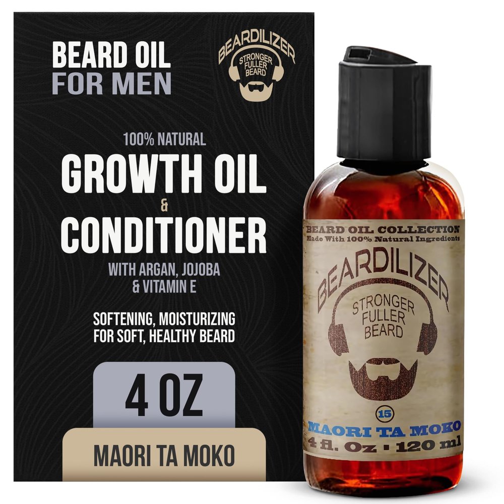 Beardilizer Maori Ta Moko Beard Oil for Men 100% Natural Growth Oil & Conditioner with Argan, Jojoba & Vitamin E Softening, Moisturizing for Soft, Healthy Beard 4 Oz