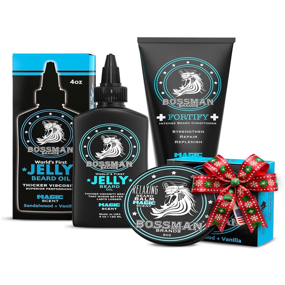 Bossman Essentials Beard Kit for Men, Set of 3 - Beard Oil Jelly, Fortifying Conditioner Cream, Beard Balm - Grooming Growth Care Accessories - Gift Set for Men (Magic)