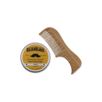 Golden Beards Moustache Wax & Eco Wood Vegan Comb Kit  Medium Hold Wax with Lime Scent & Eco Wood Comb 2.5 in  Handmade, Vegan, Cruelty-Free Moustache Styling Set