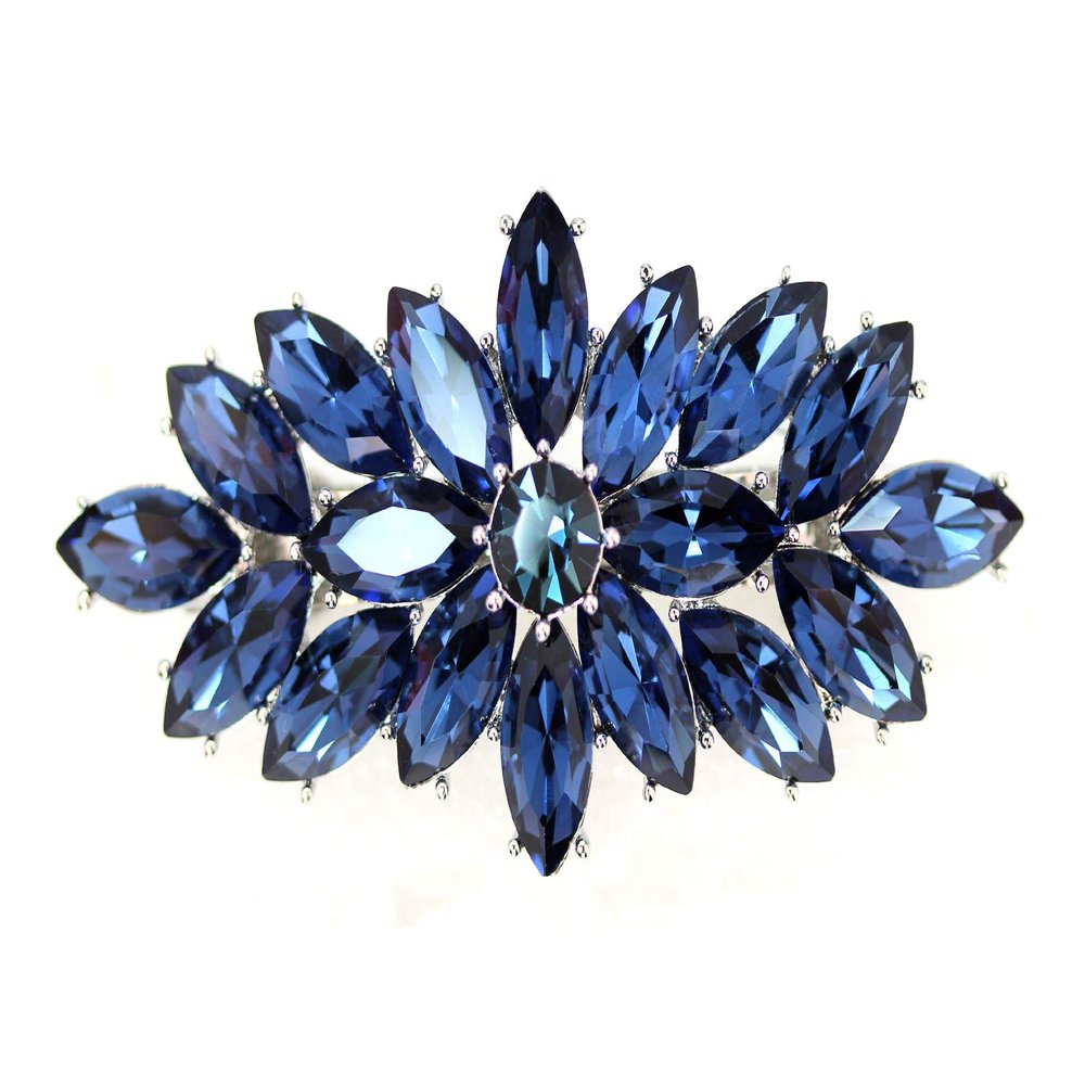Faship Gorgeous Navy Blue Rhinestone Crystal Floral Hair Barrette Clip