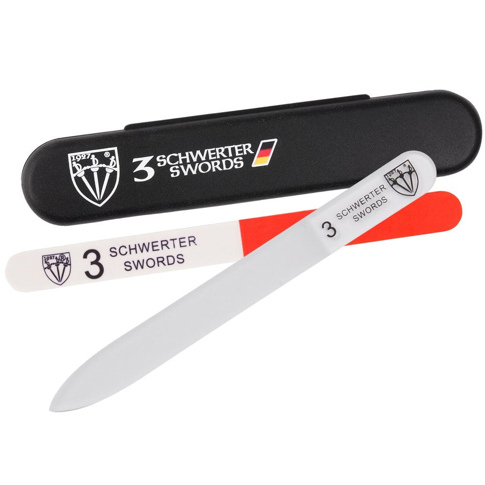 3 Swords Germany - Brand Quality Clear Double Sided Glass Nail File for Women & Girls, Perfect for Natural Fake Gel Artificial Acrylic fingernail, incl. Nail Buffer & Tube case for Travel (313)