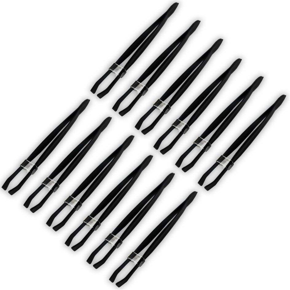 12 Pack of Stainless Steel Black 3 1/2 Inch Tweezers with Straight Tips