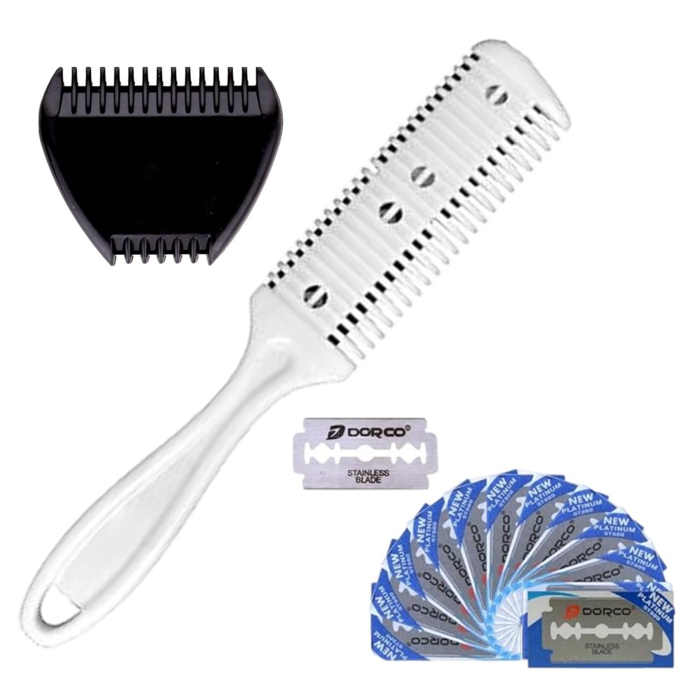 ALAZCO Combo Set, White Plastic Personal Double Edge Razor Comb Hair Beard Bikini Trimmer and Mini 3-Razor Black Plastic MANUAL TRIMMING Comes with 12 Extra Blades
