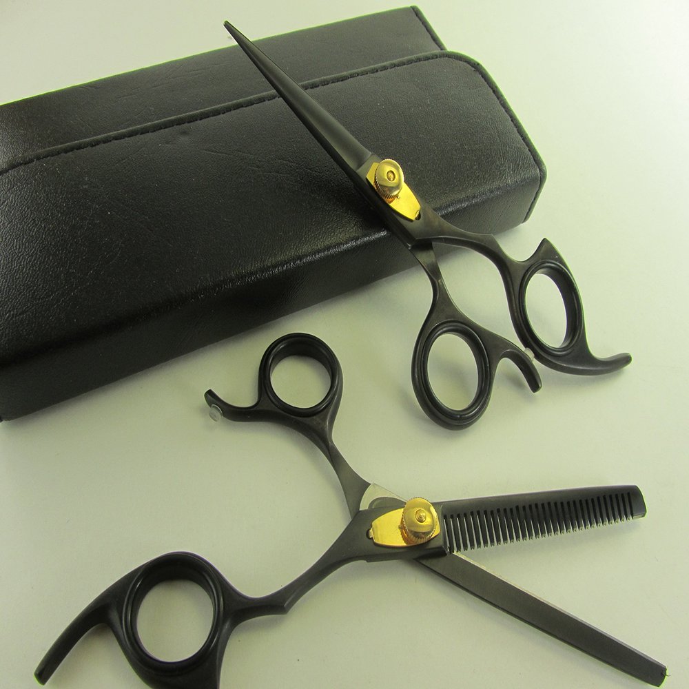 5.5" Professional Barber Razor Edge Titanium Coated Hair Cutting and Texturizing Shears Scissors Black Set+case