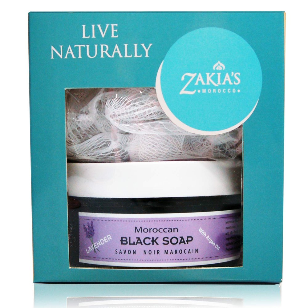 Zakia's Morocco 8 oz Moroccan Black Soap -Luscious Lavender Scent with Added Argan Oil Plus Kessa Exfoliating Glove