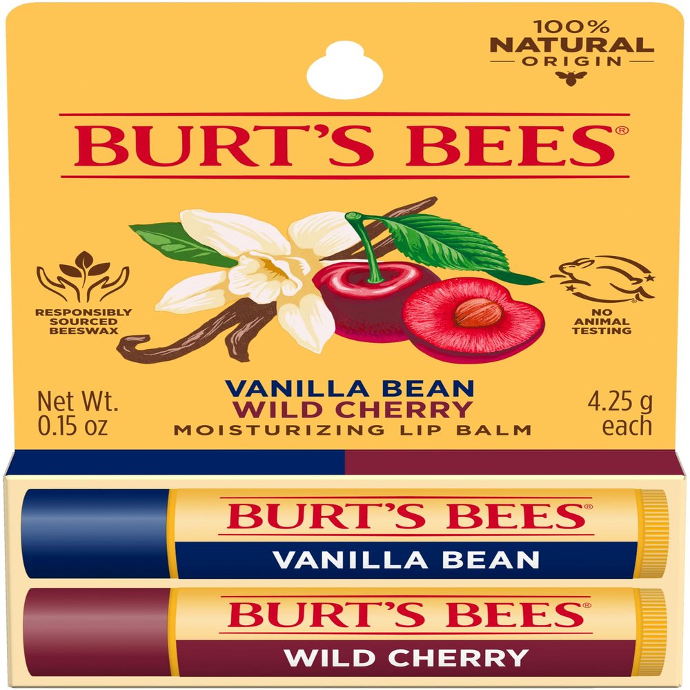 Burt's Bees 100% Natural Lip Balm, Wild Cherry and Vanilla Bean Blister Box, 0.3 Ounce, 2 Count