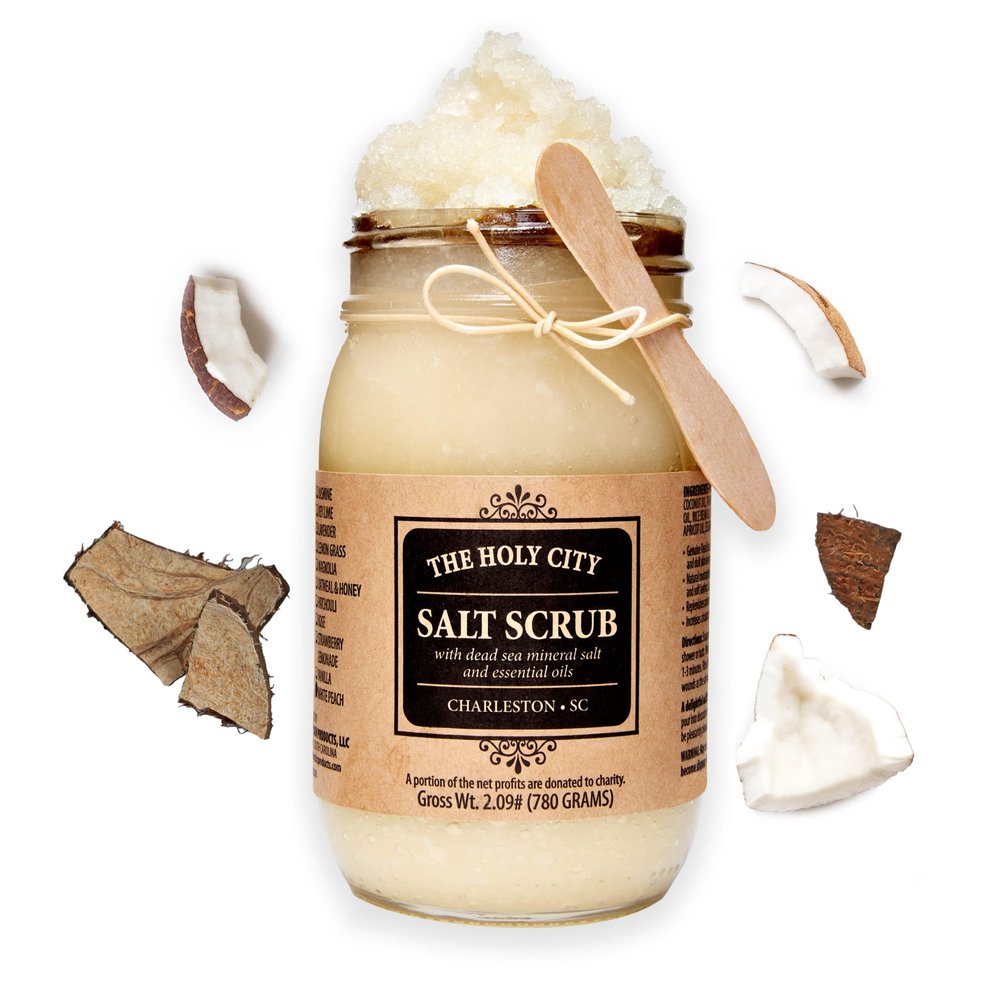 HOLY CITY SKIN PRODUCTS Exfoliating Body Scrub - Pure Dead Sea Salt Scrub for Hands and Body, 16 fl oz Hydrating Moisturizing Skin Care for Body Acne, Wrinkles (Coconut)
