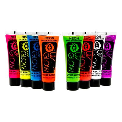 Uv Glow Blacklight Face and Body Paint 0.34oz - Set of 8 Tubes - Neon Fluorescent (All Colours)