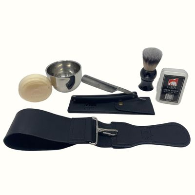 G.B.S Mens Wet Shaving Kit Shaving Stainless Steel Razor Wood Handle with Case Synthetic Badger Hair Brush All-Natural Shave Soap Chrome Shaving Bowl Leather Strop Alum Block